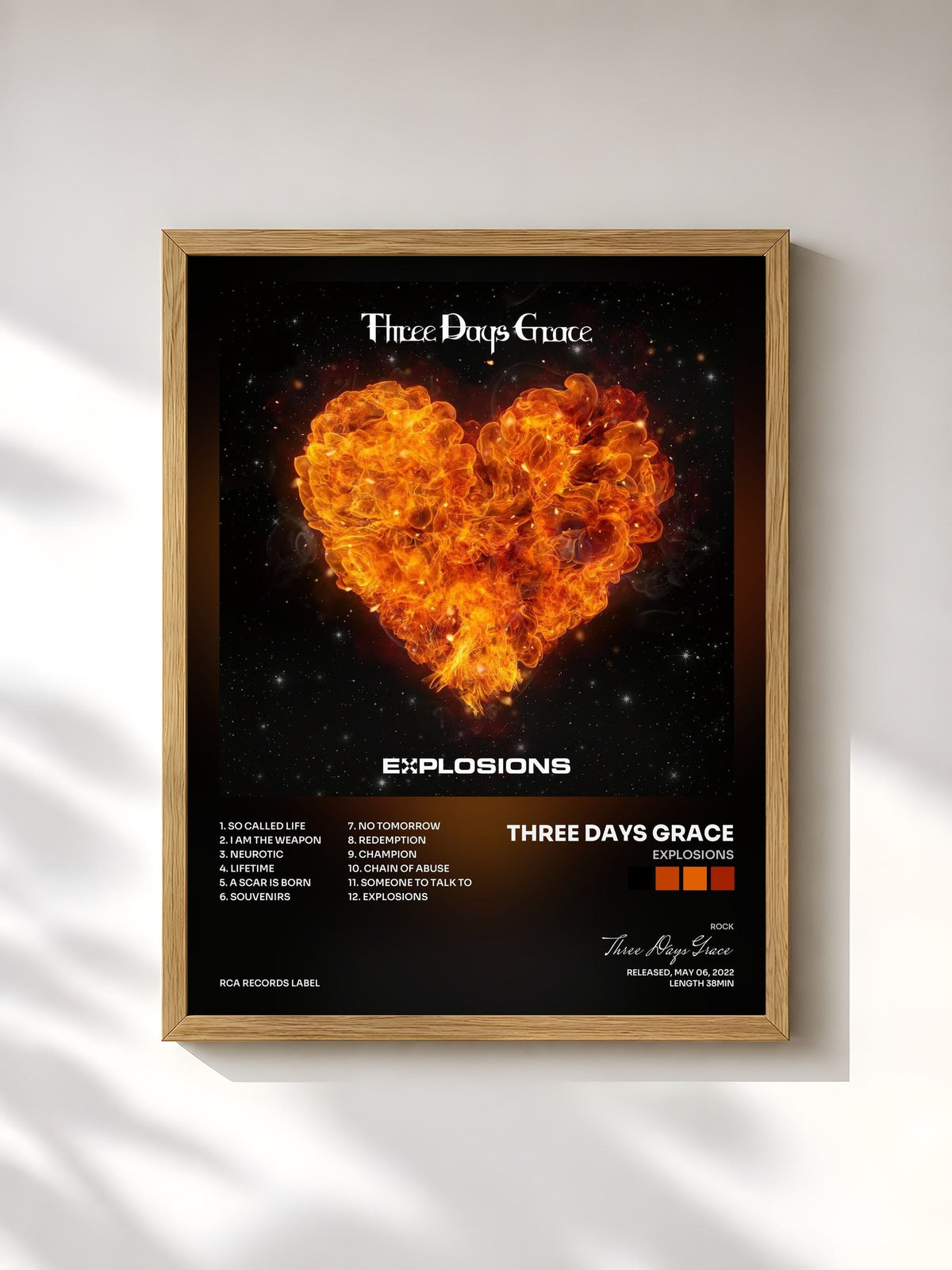 #bois Tableau de l'album EXPLOSIONS de Three Days Grace, cadre en bois brut, imprimé et encadré en France