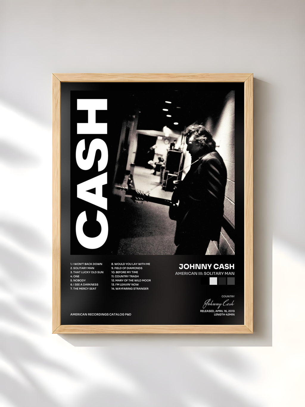 #bois Tableau de l'album American III: Solitary Man de Johnny Cash, cadre en bois brut, imprimé et encadré en France