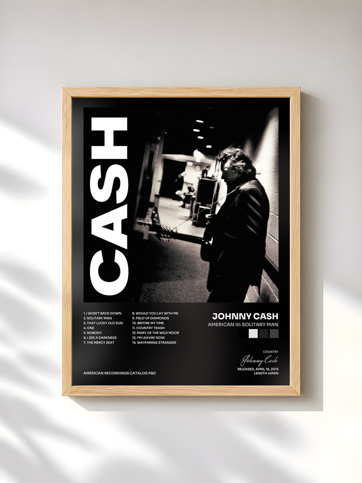 #bois Tableau de l'album American III: Solitary Man de Johnny Cash, cadre en bois brut, imprimé et encadré en France