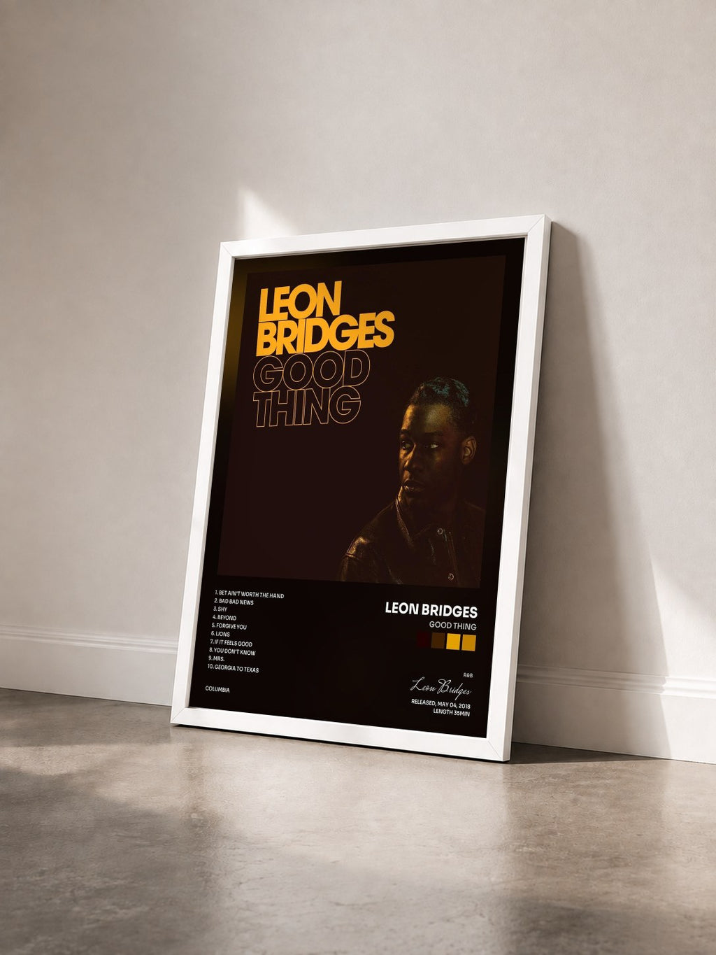 #blanc Tableau de l'album Good Thing de Leon Bridges vu de trois quarts, cadre blanc