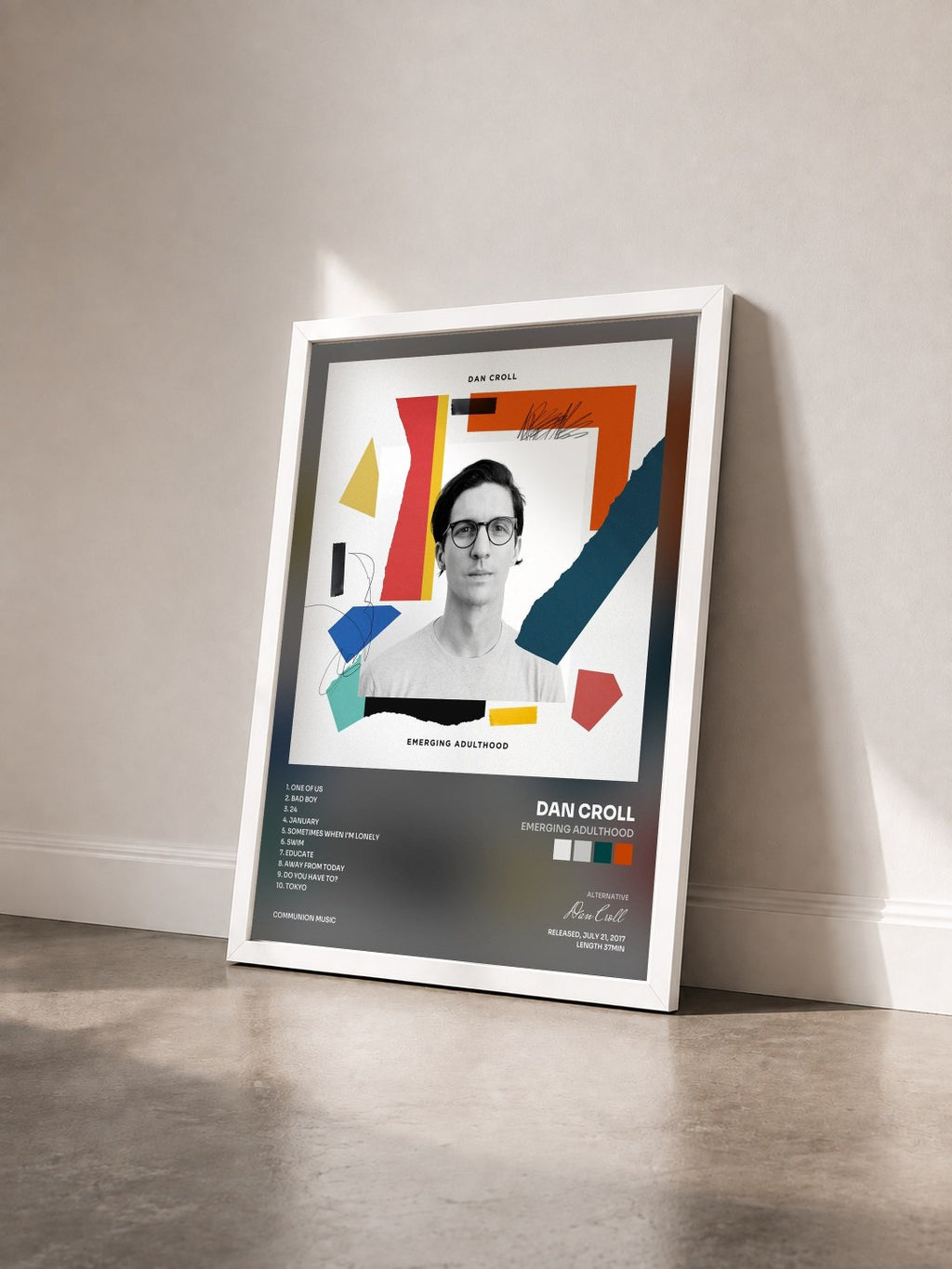 #blanc Tableau de l'album Emerging Adulthood de Dan Croll vu de trois quarts, cadre blanc