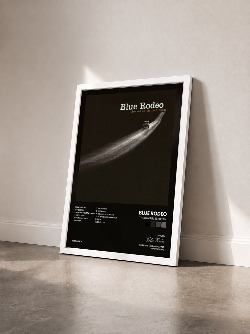 #blanc Tableau de l'album The Days in Between de Blue Rodeo vu de trois quarts, cadre blanc