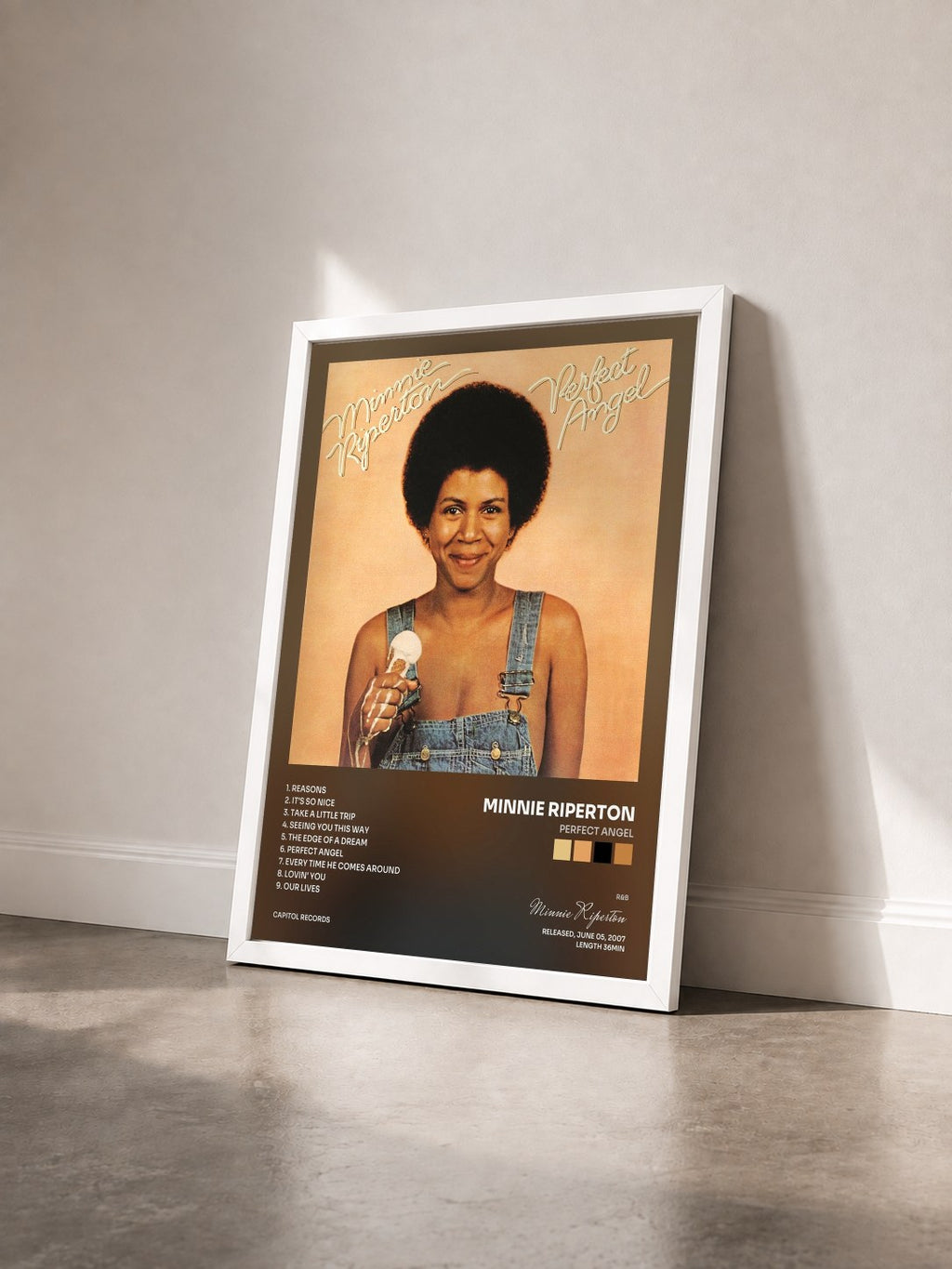 #blanc Tableau de l'album Perfect Angel de Minnie Riperton vu de trois quarts, cadre blanc