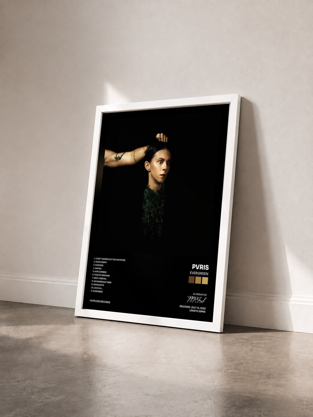 #blanc Tableau de l'album EVERGREEN de PVRIS vu de trois quarts, cadre blanc