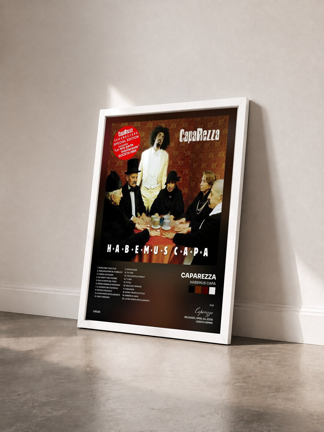 #blanc Tableau de l'album Habemus Capa de Caparezza vu de trois quarts, cadre blanc
