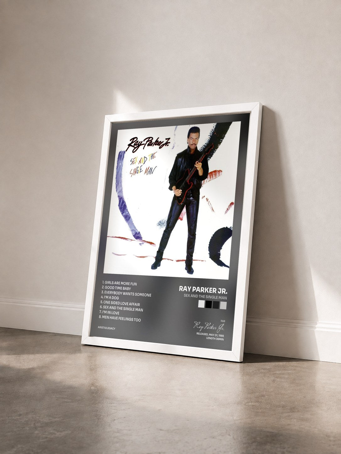 #blanc Tableau de l'album Sex and the Single Man de Ray Parker Jr. vu de trois quarts, cadre blanc