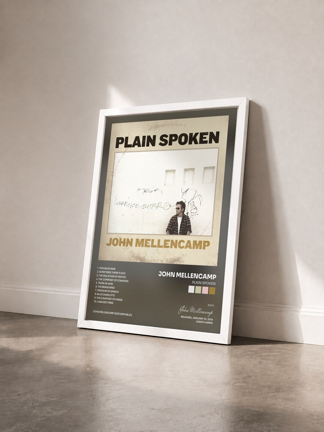 #blanc Tableau de l'album Plain Spoken de John Mellencamp vu de trois quarts, cadre blanc