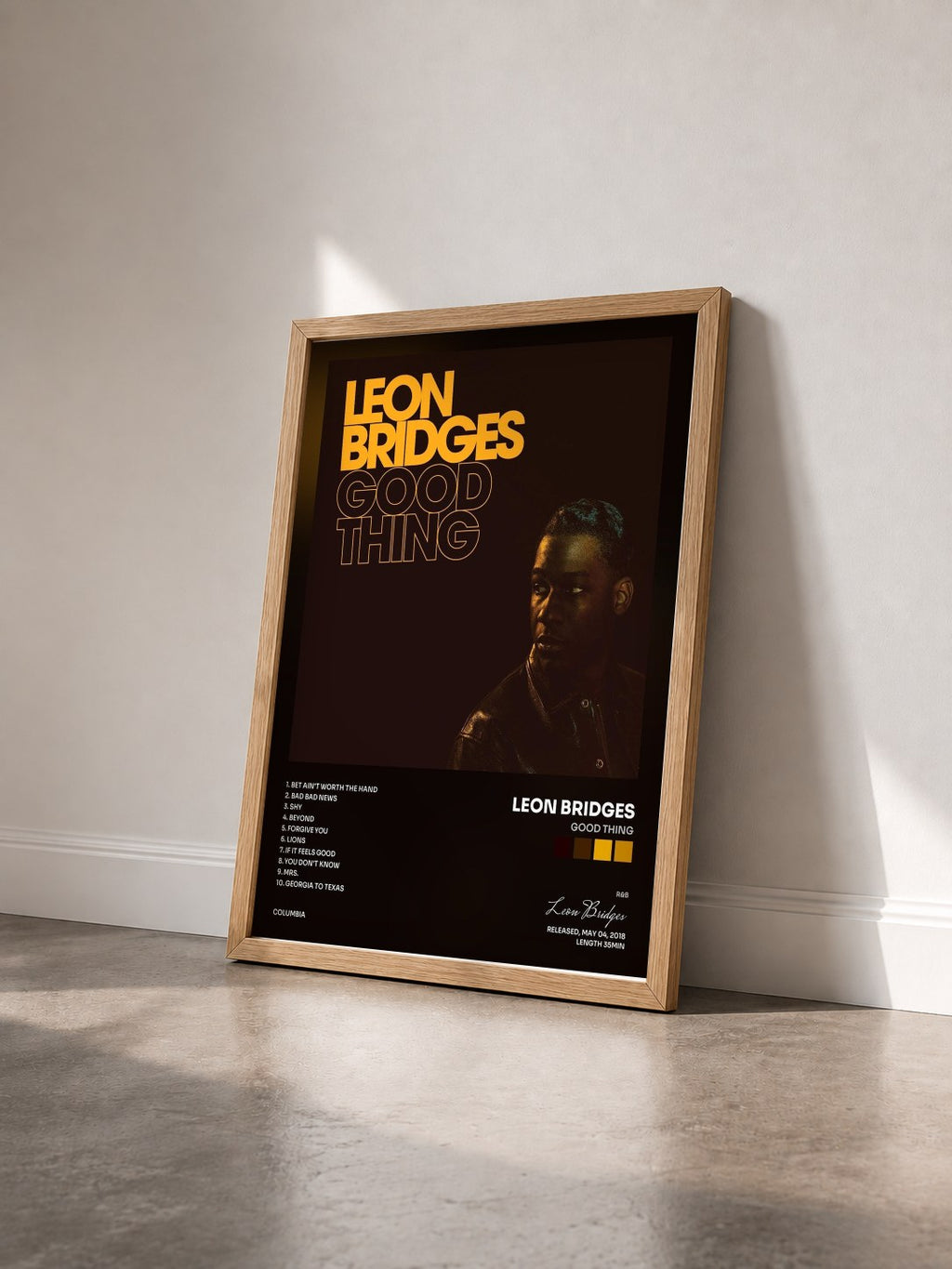#bois Tableau de l'album Good Thing de Leon Bridges vu de trois quarts, cadre en bois brut