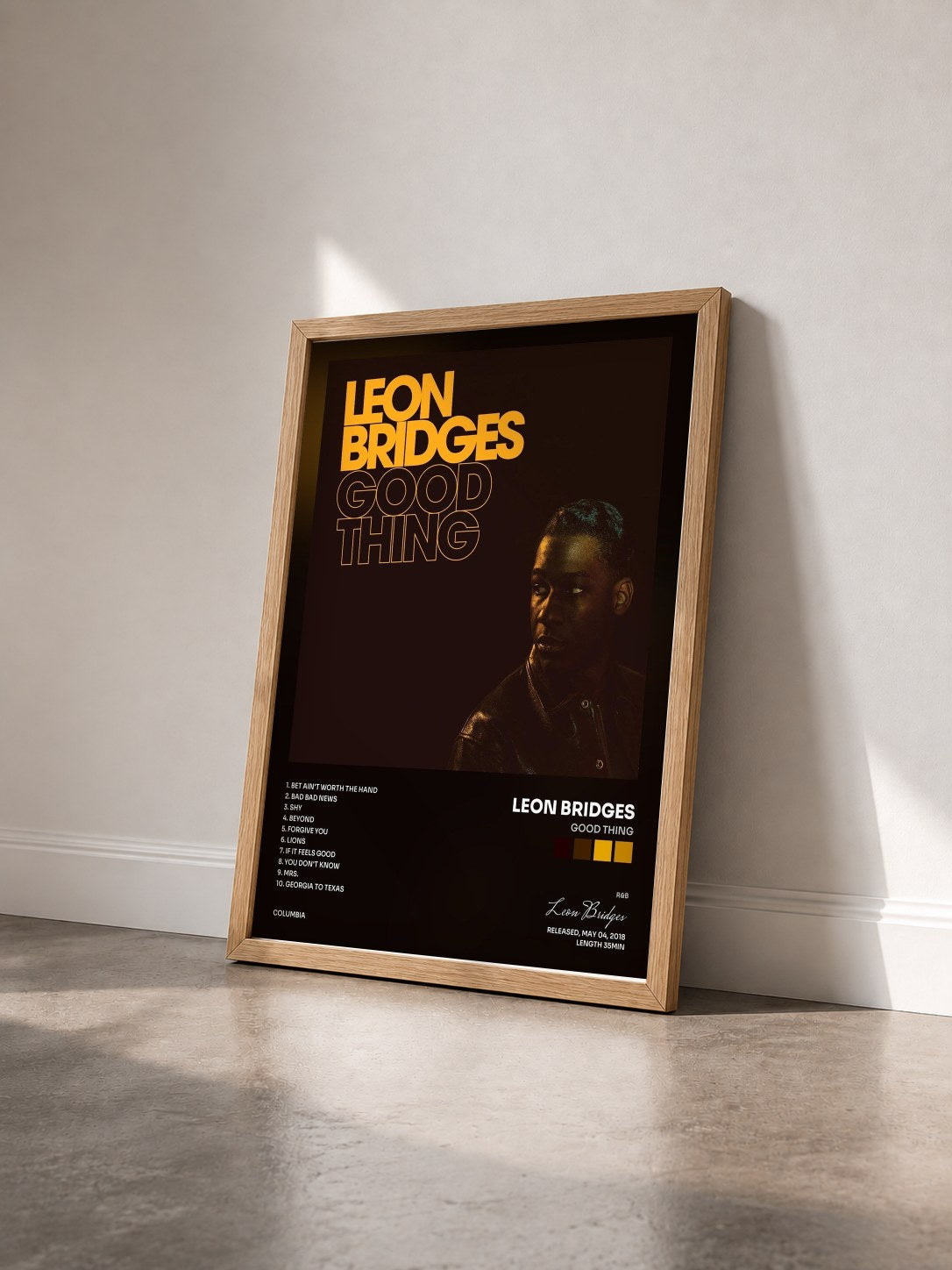 #bois Tableau de l'album Good Thing de Leon Bridges vu de trois quarts, cadre en bois brut