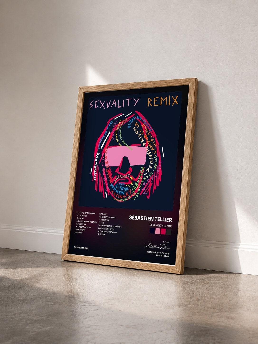 #bois Tableau de l'album Sexuality Remix de Sébastien Tellier vu de trois quarts, cadre en bois brut