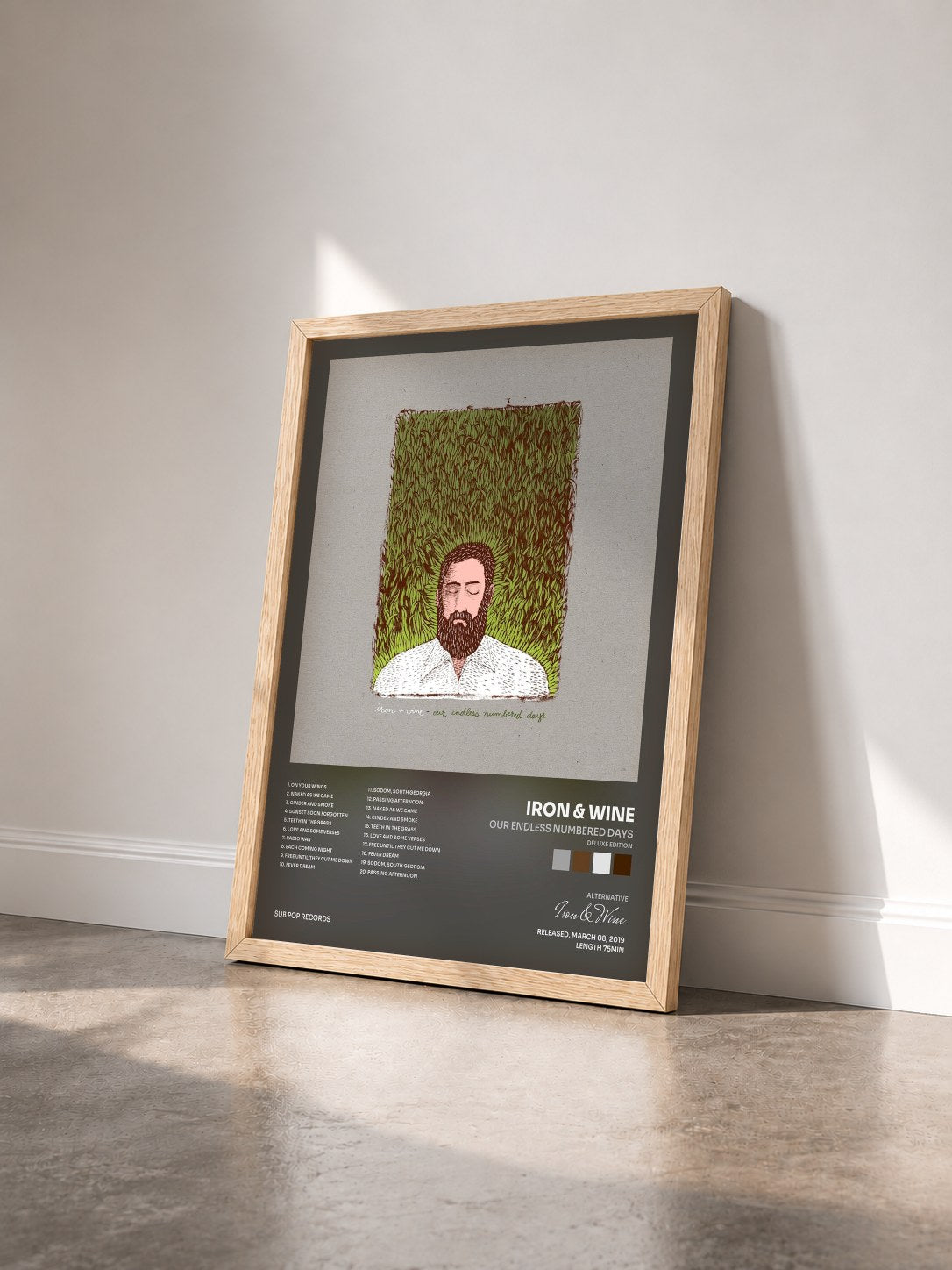 #bois Tableau de l'album Our Endless Numbered Days (Deluxe Edition) de Iron & Wine vu de trois quarts, cadre en bois brut