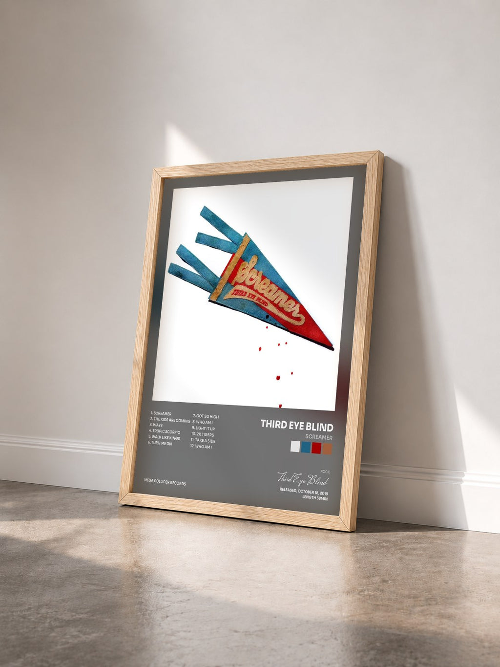 #bois Tableau de l'album Screamer de Third Eye Blind vu de trois quarts, cadre en bois brut