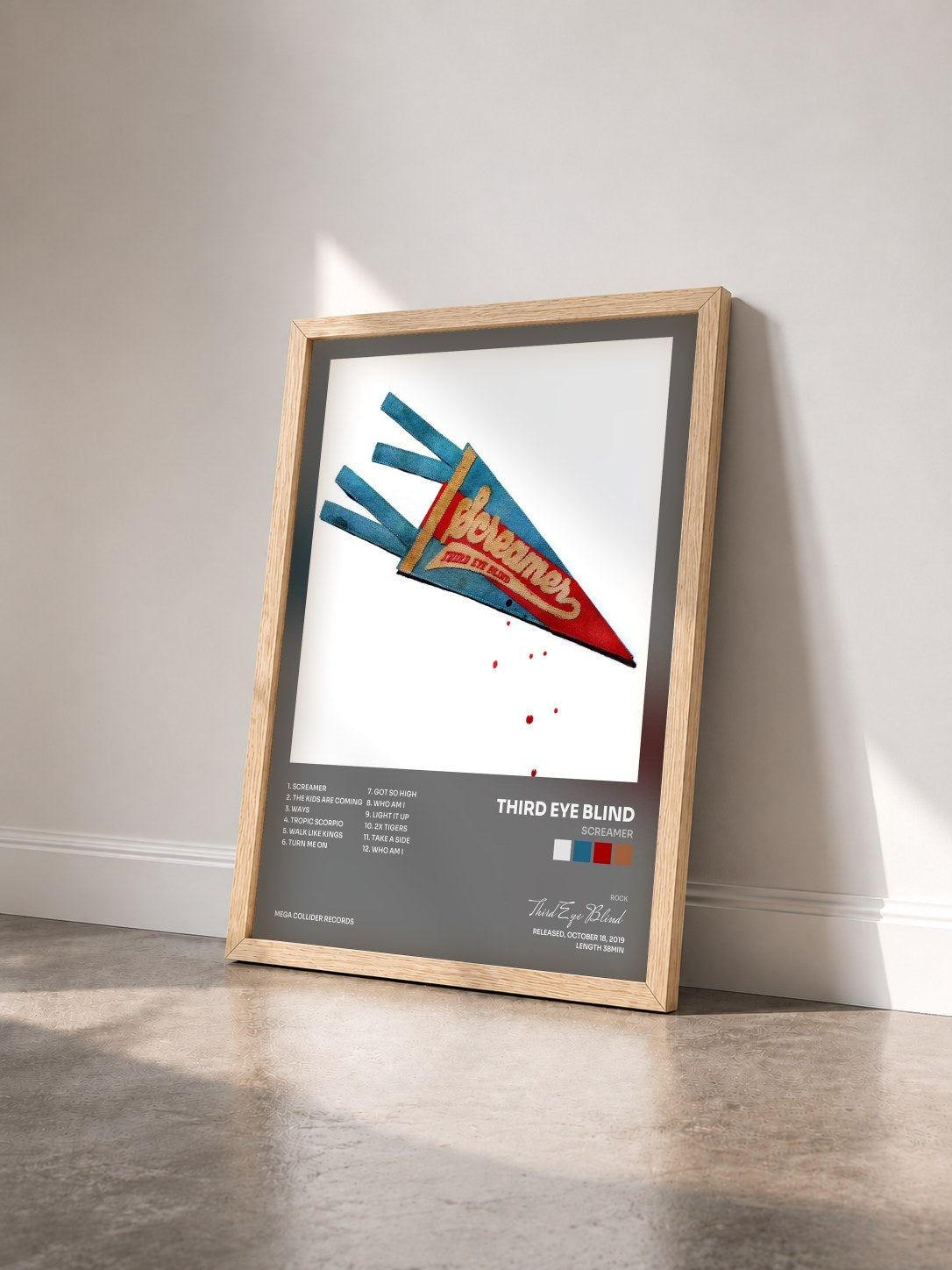 #bois Tableau de l'album Screamer de Third Eye Blind vu de trois quarts, cadre en bois brut