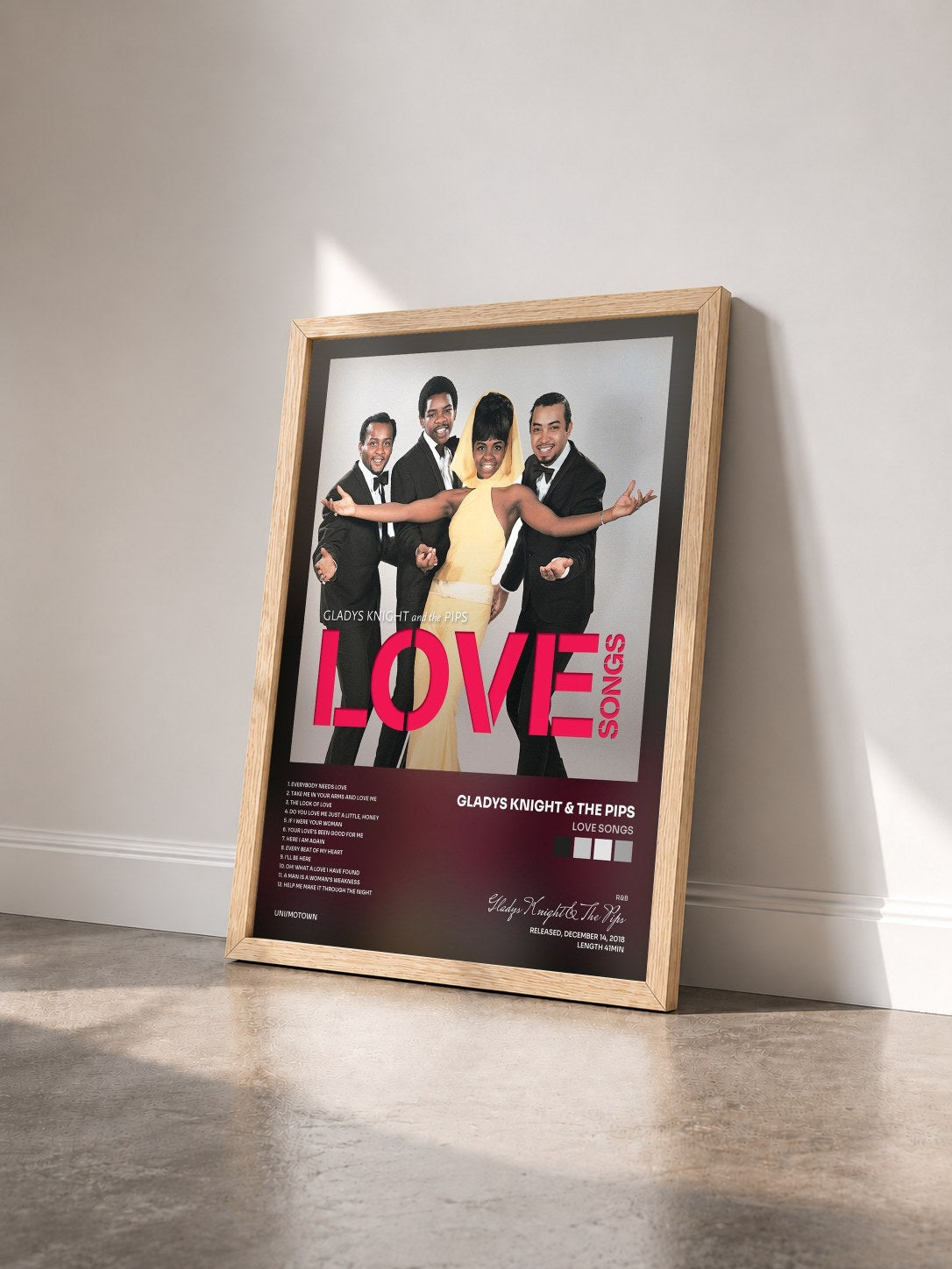 #bois Tableau de l'album Love Songs de Gladys Knight & The Pips vu de trois quarts, cadre en bois brut