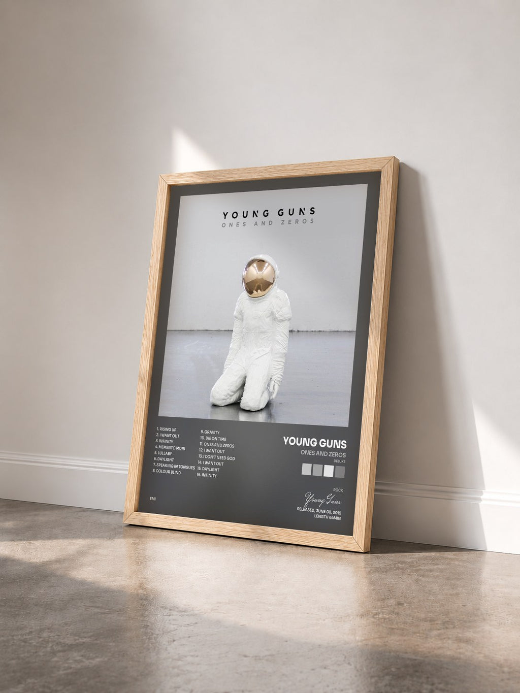 #bois Tableau de l'album Ones And Zeros (Deluxe) de Young Guns vu de trois quarts, cadre en bois brut