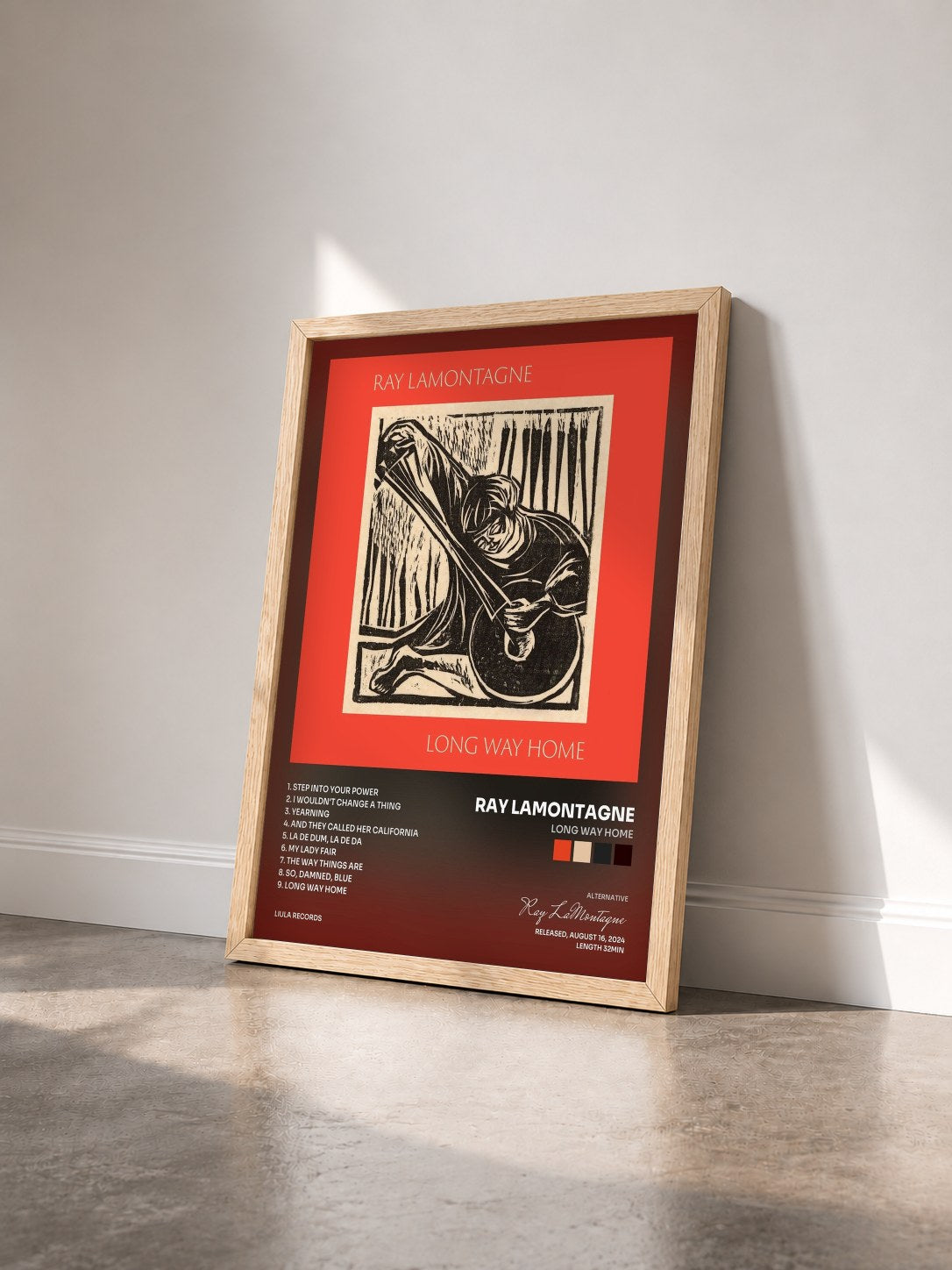 #bois Tableau de l'album Long Way Home de Ray LaMontagne vu de trois quarts, cadre en bois brut