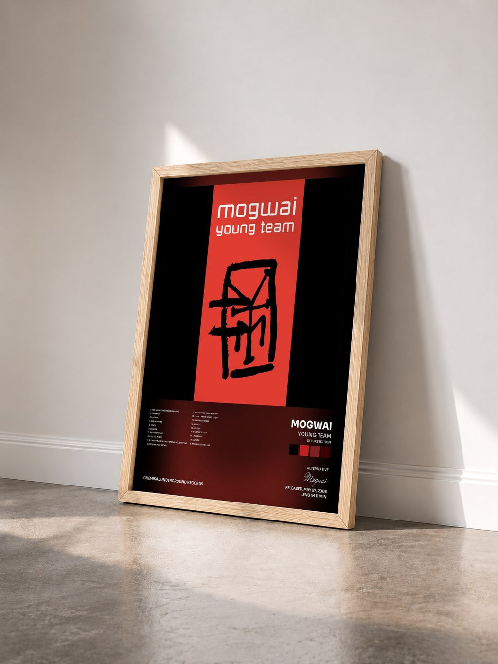 #bois Tableau de l'album Young Team (Deluxe Edition) de Mogwai vu de trois quarts, cadre en bois brut