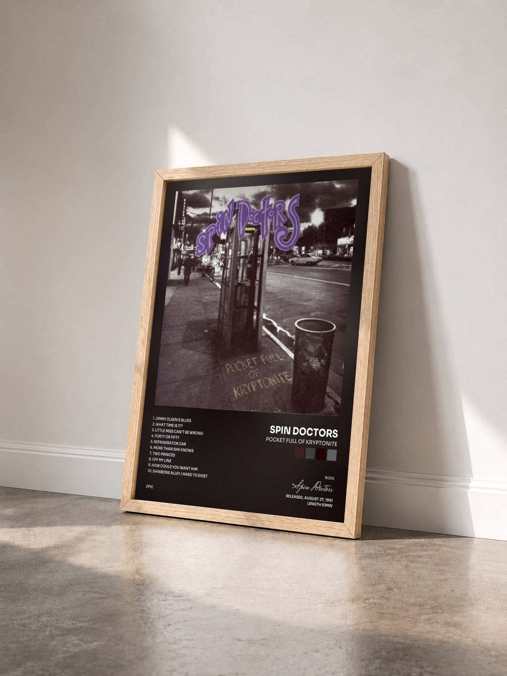 #bois Tableau de l'album Pocket Full Of Kryptonite de Spin Doctors vu de trois quarts, cadre en bois brut