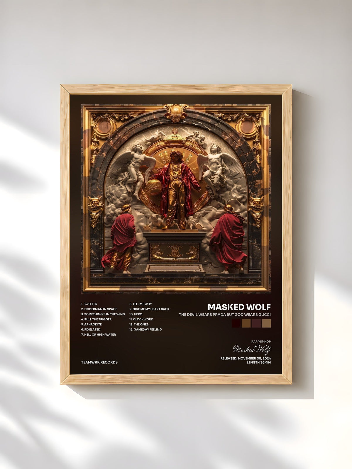 #bois Tableau de l'album The Devil Wears Prada But God Wears Gucci de Masked Wolf, cadre en bois brut, imprimé et encadré en France