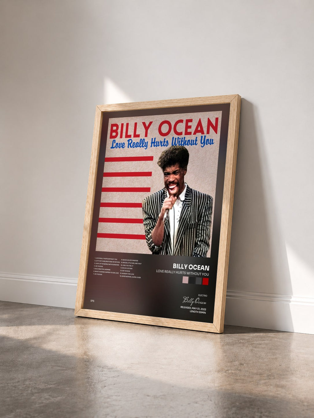#bois Tableau de l'album Love Really Hurts without You de Billy Ocean vu de trois quarts, cadre en bois brut