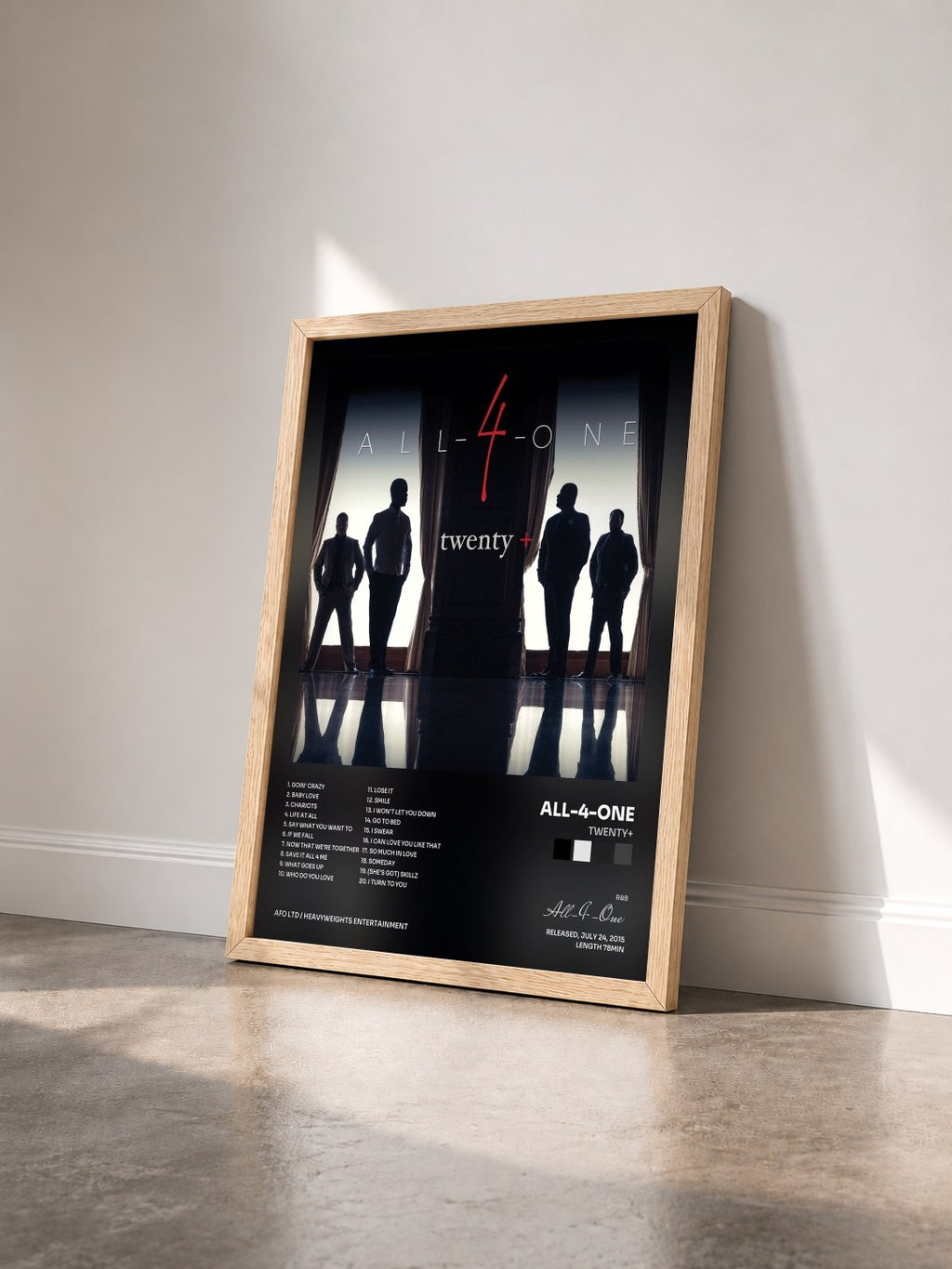 #bois Tableau de l'album Twenty+ de All-4-One vu de trois quarts, cadre en bois brut