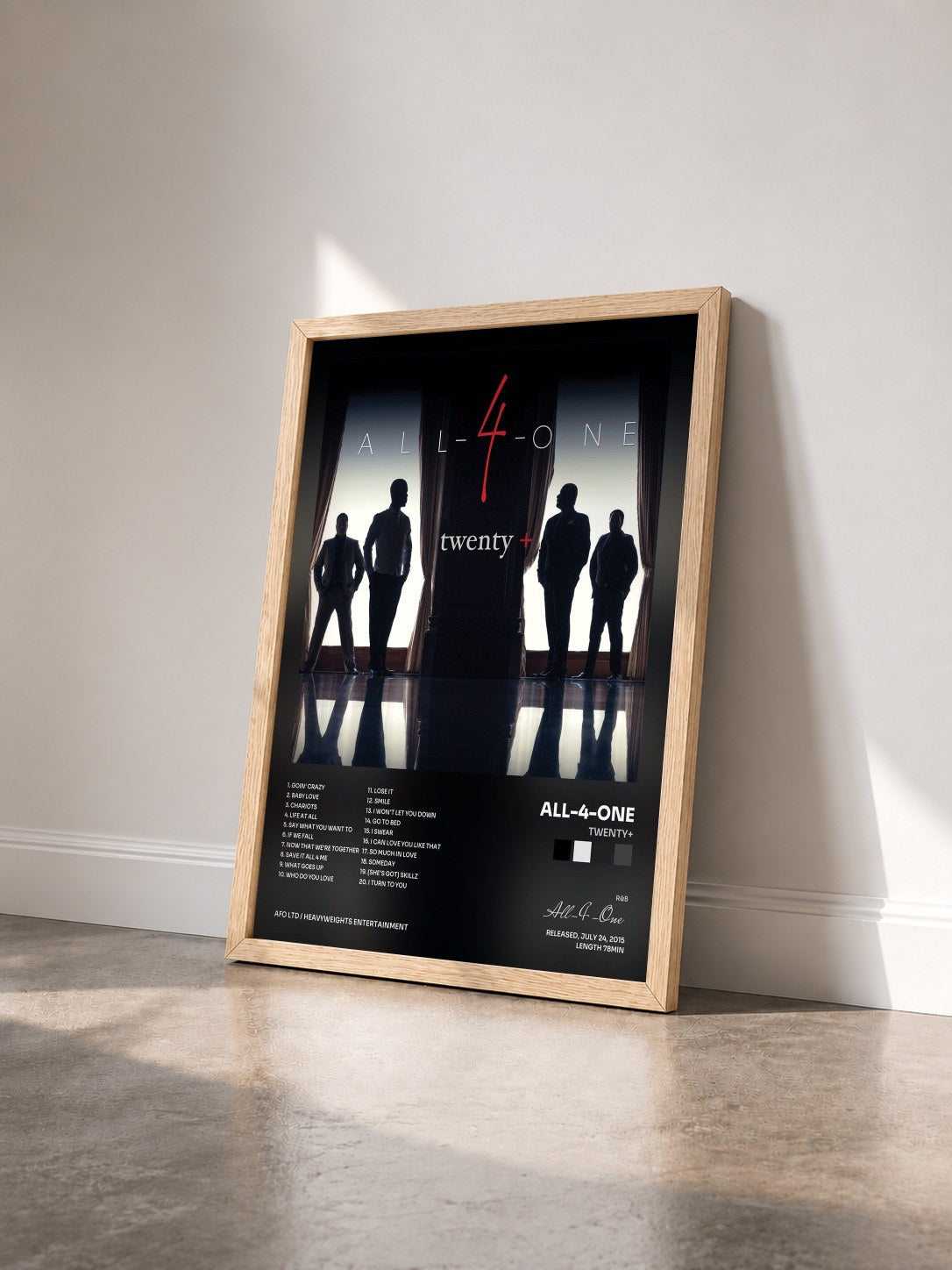 #bois Tableau de l'album Twenty+ de All-4-One vu de trois quarts, cadre en bois brut