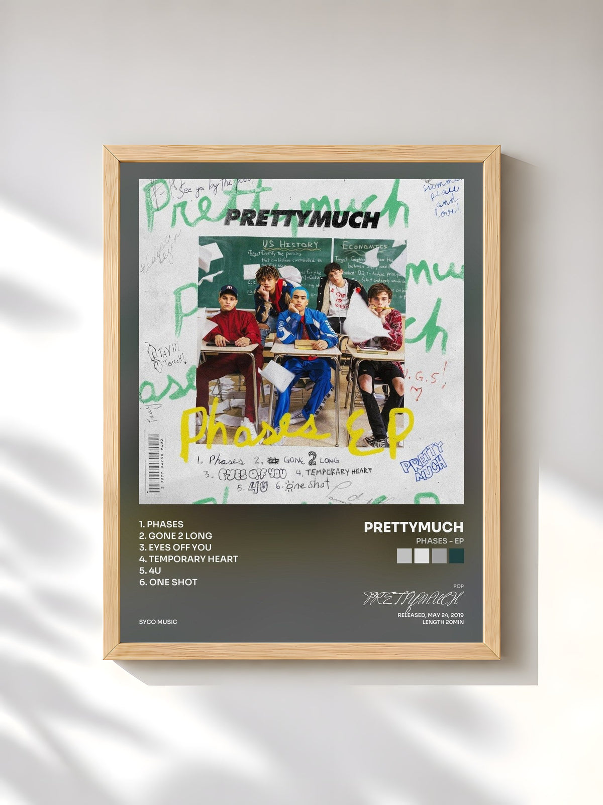 #bois Tableau de l'album Phases - EP de PRETTYMUCH, cadre en bois brut, imprimé et encadré en France