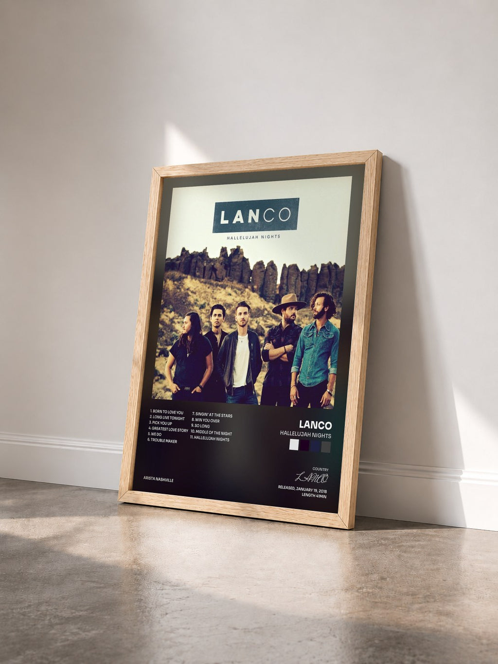 #bois Tableau de l'album Hallelujah Nights de LANCO vu de trois quarts, cadre en bois brut