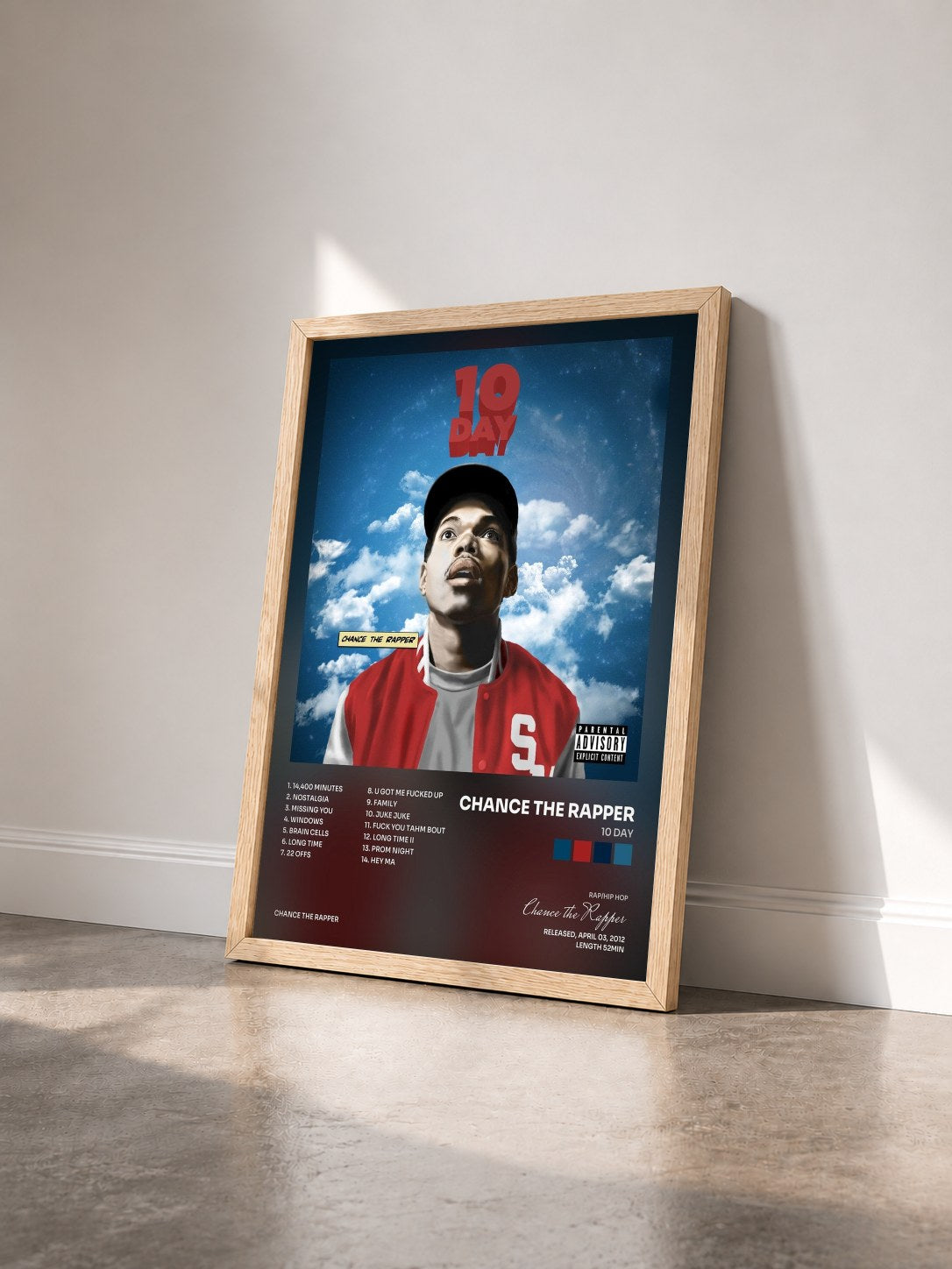 #bois Tableau de l'album 10 Day de Chance the Rapper vu de trois quarts, cadre en bois brut