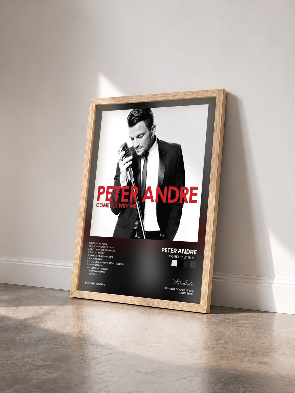 #bois Tableau de l'album Come Fly With Me de Peter Andre vu de trois quarts, cadre en bois brut