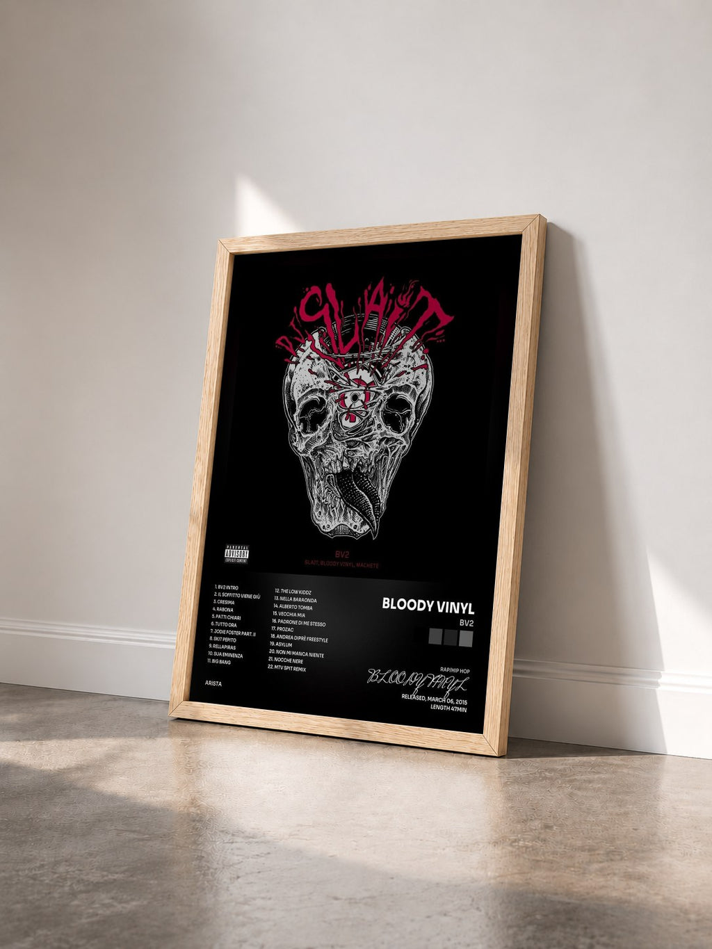 #bois Tableau de l'album BV2 de BLOODY VINYL vu de trois quarts, cadre en bois brut