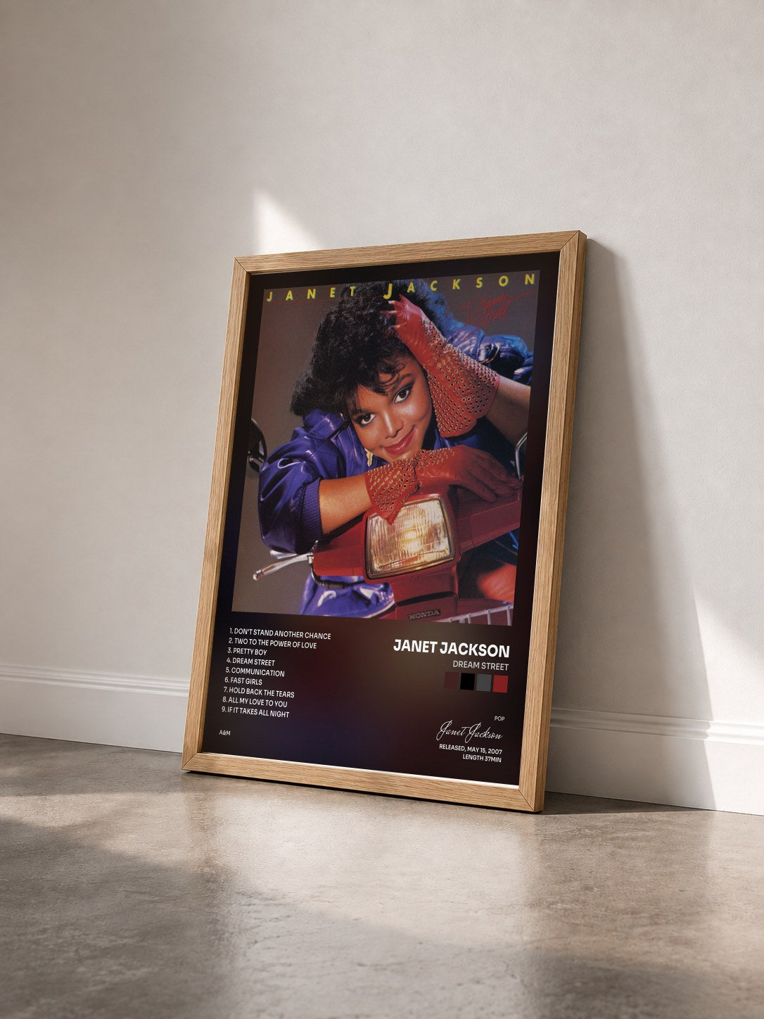 #bois Tableau de l'album Dream Street de Janet Jackson vu de trois quarts, cadre en bois brut