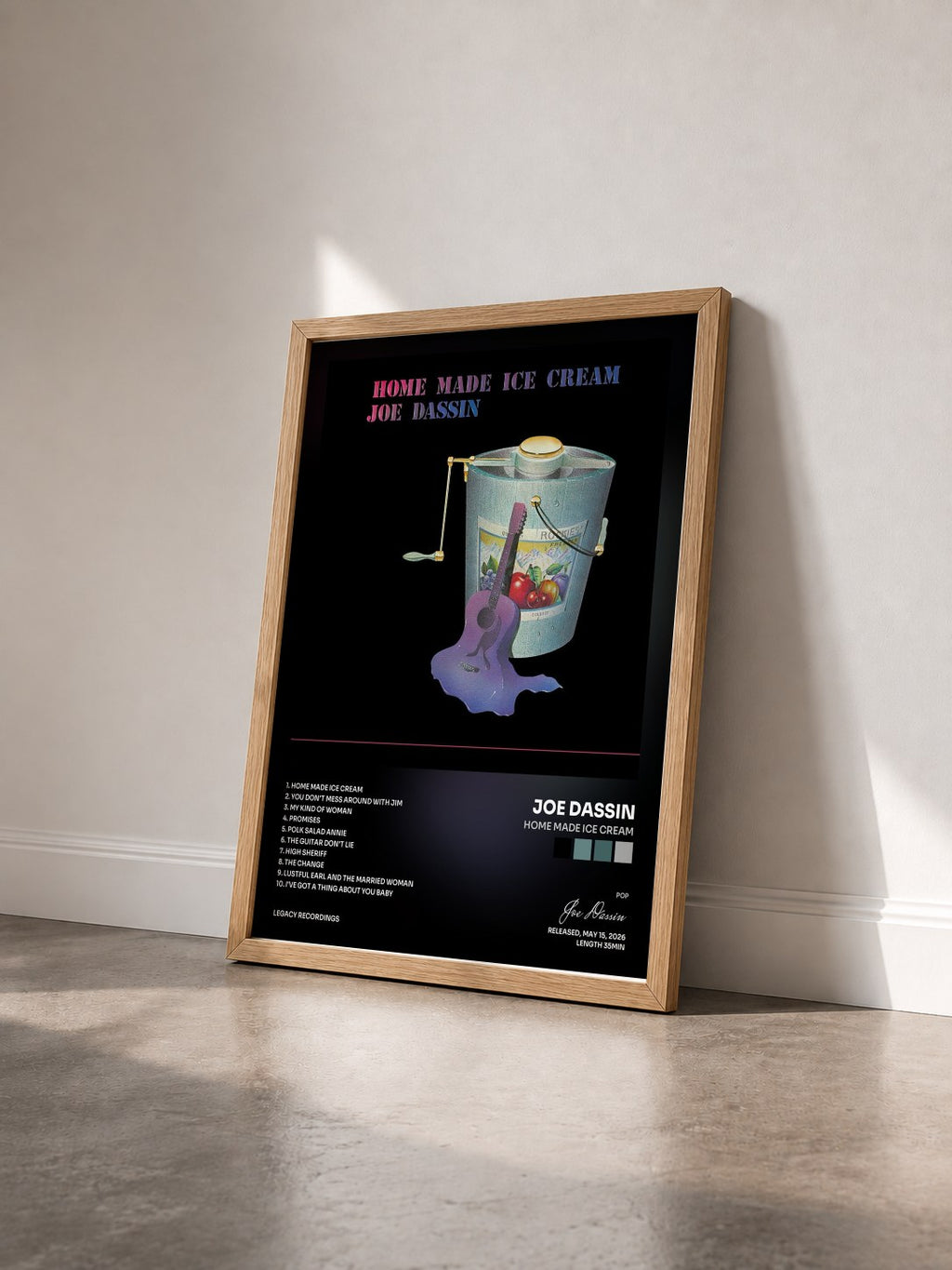 #bois Tableau de l'album Home Made Ice Cream de Joe Dassin vu de trois quarts, cadre en bois brut