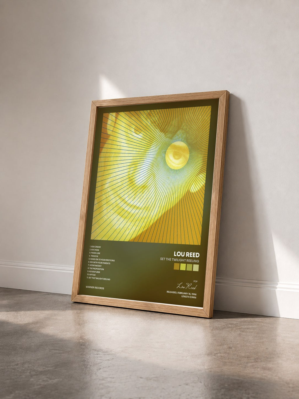 #bois Tableau de l'album Set the Twilight Reeling de Lou Reed vu de trois quarts, cadre en bois brut
