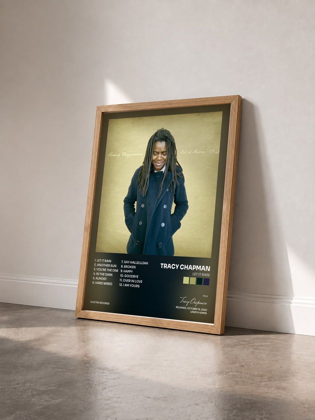 #bois Tableau de l'album Let It Rain de Tracy Chapman vu de trois quarts, cadre en bois brut