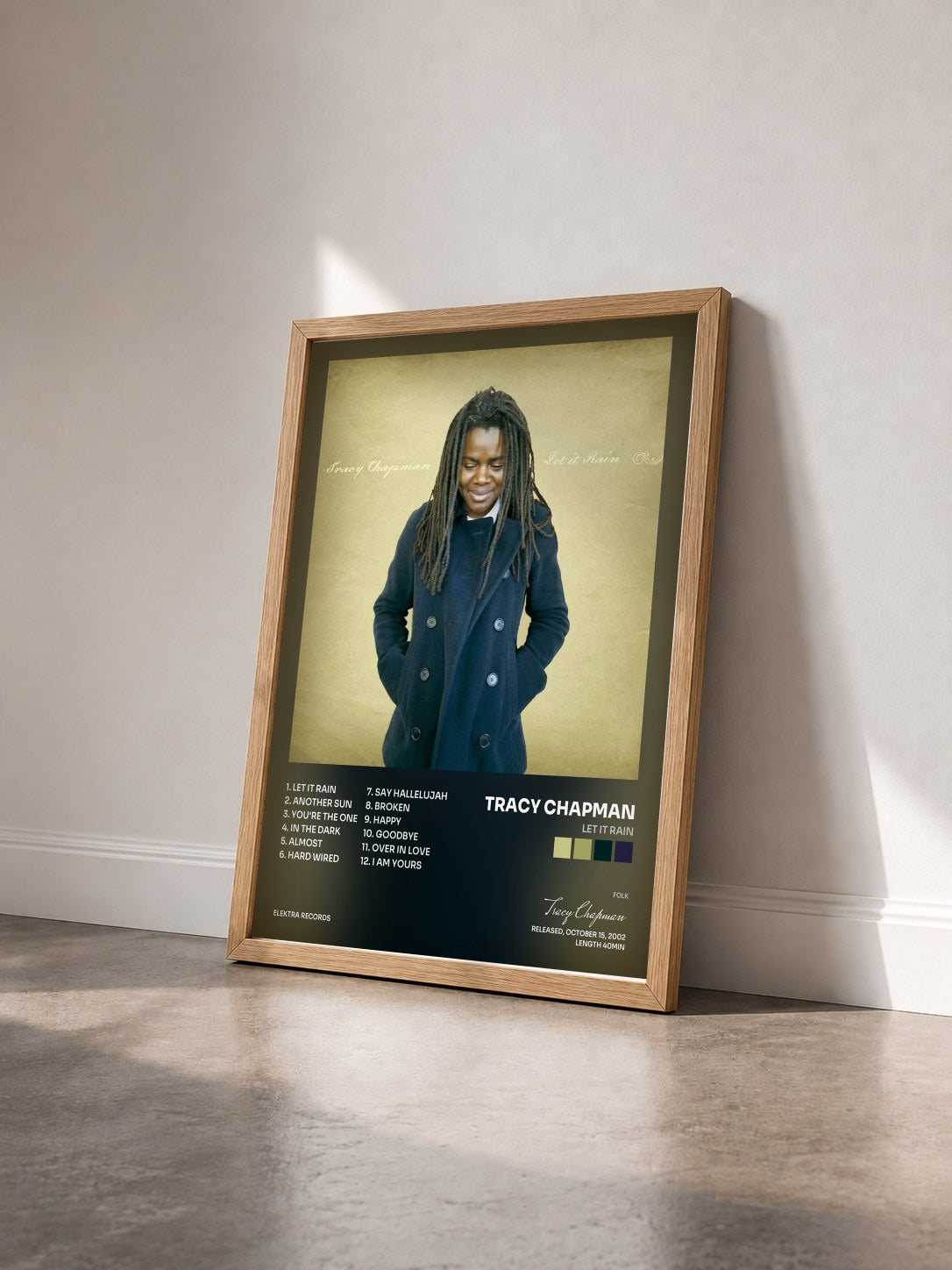 #bois Tableau de l'album Let It Rain de Tracy Chapman vu de trois quarts, cadre en bois brut
