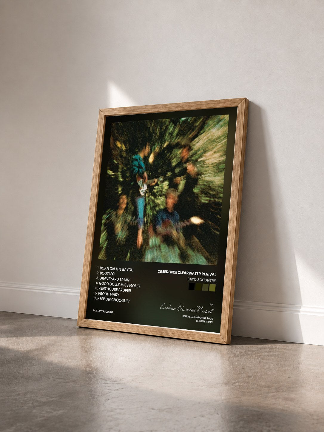 #bois Tableau de l'album Bayou Country de Creedence Clearwater Revival vu de trois quarts, cadre en bois brut