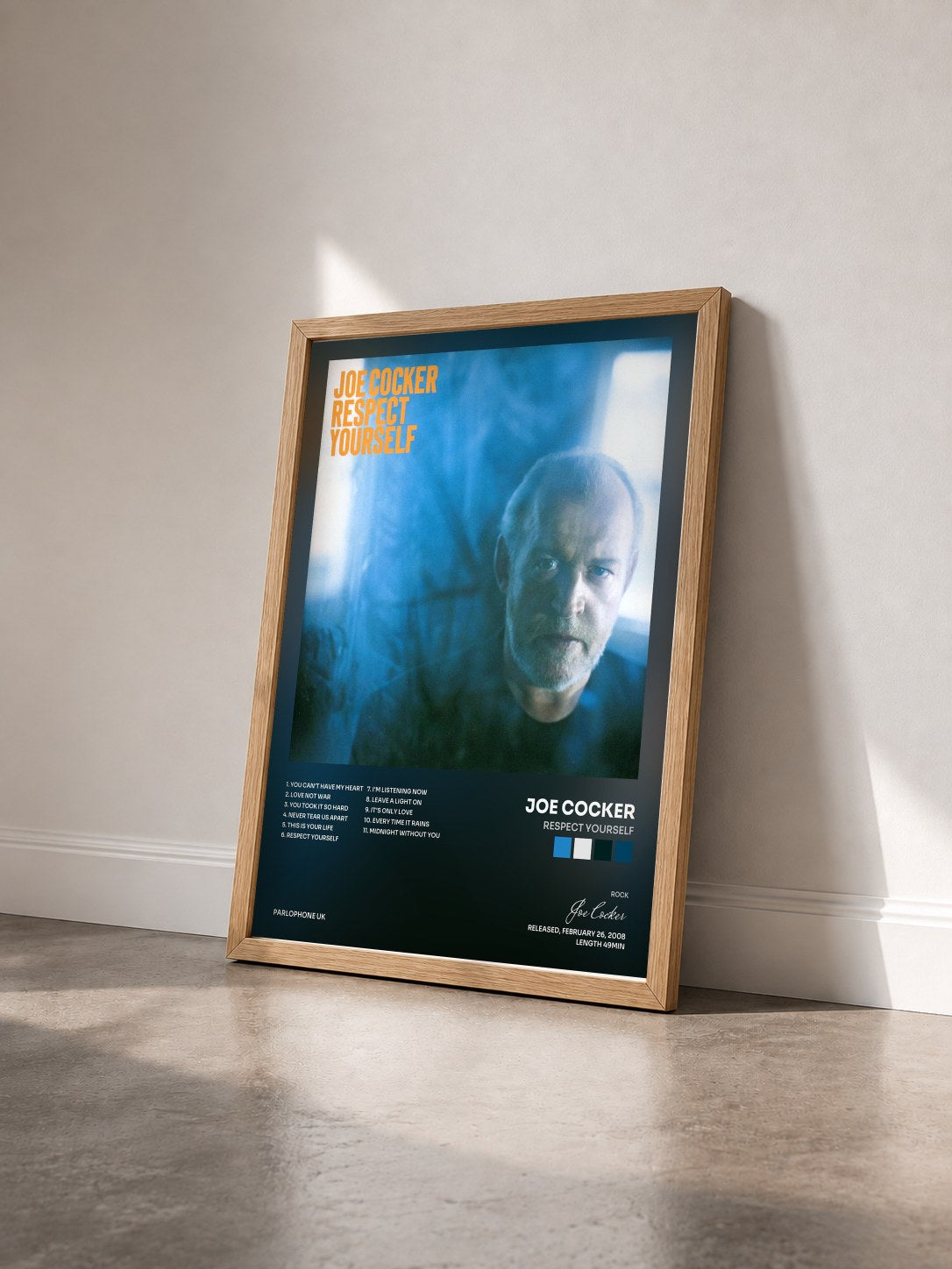 #bois Tableau de l'album Respect Yourself de Joe Cocker vu de trois quarts, cadre en bois brut