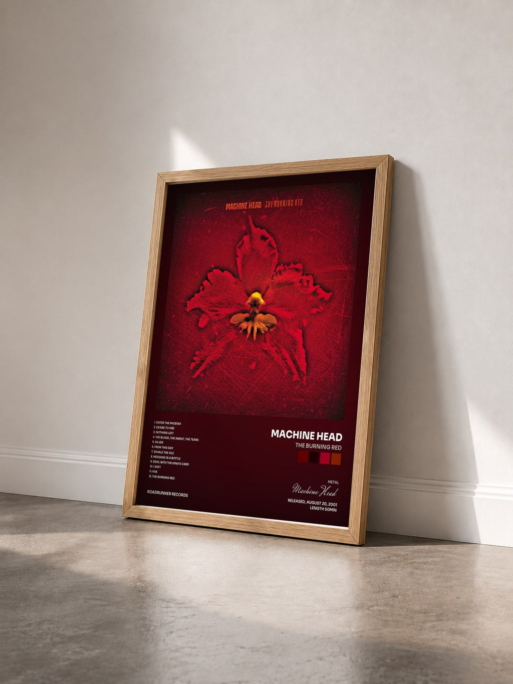 #bois Tableau de l'album The Burning Red de Machine Head vu de trois quarts, cadre en bois brut