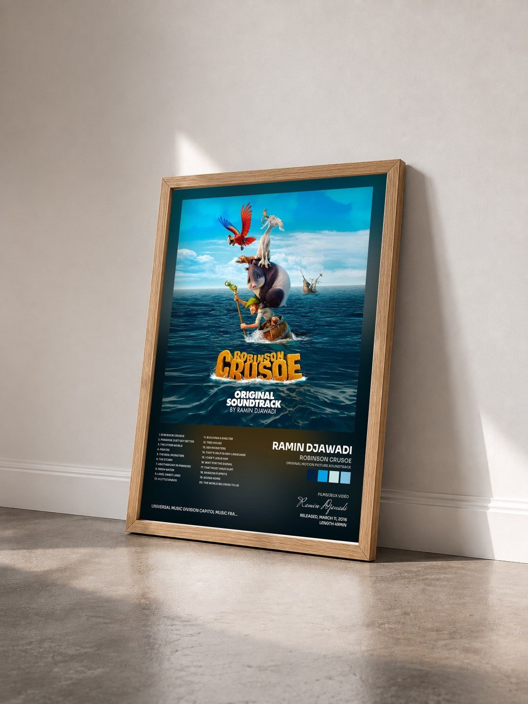 #bois Tableau de l'album Robinson Crusoe (Original Motion Picture Soundtrack) de Ramin Djawadi vu de trois quarts, cadre en bois brut