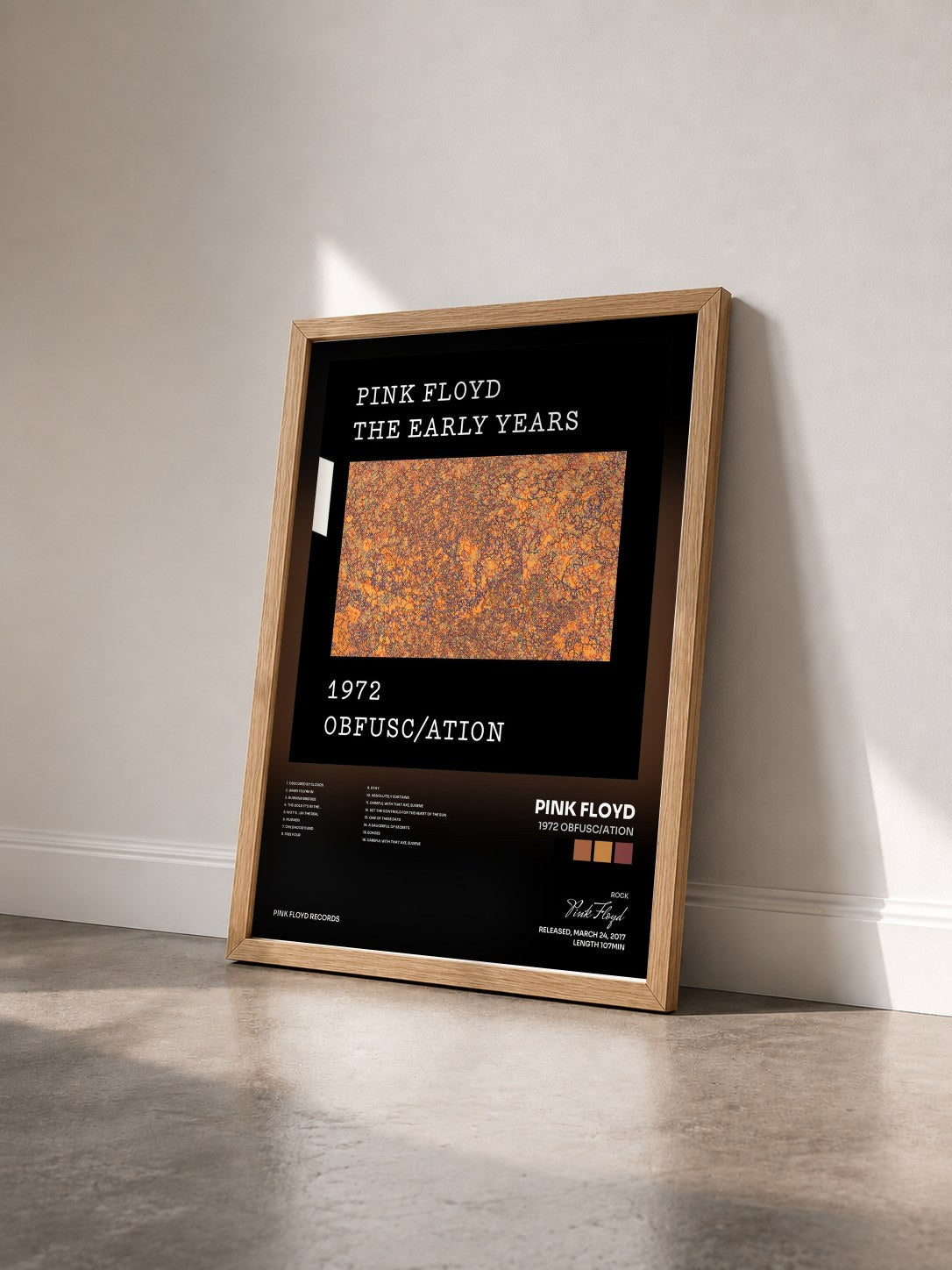 #bois Tableau de l'album 1972 Obfusc/ation de Pink Floyd vu de trois quarts, cadre en bois brut