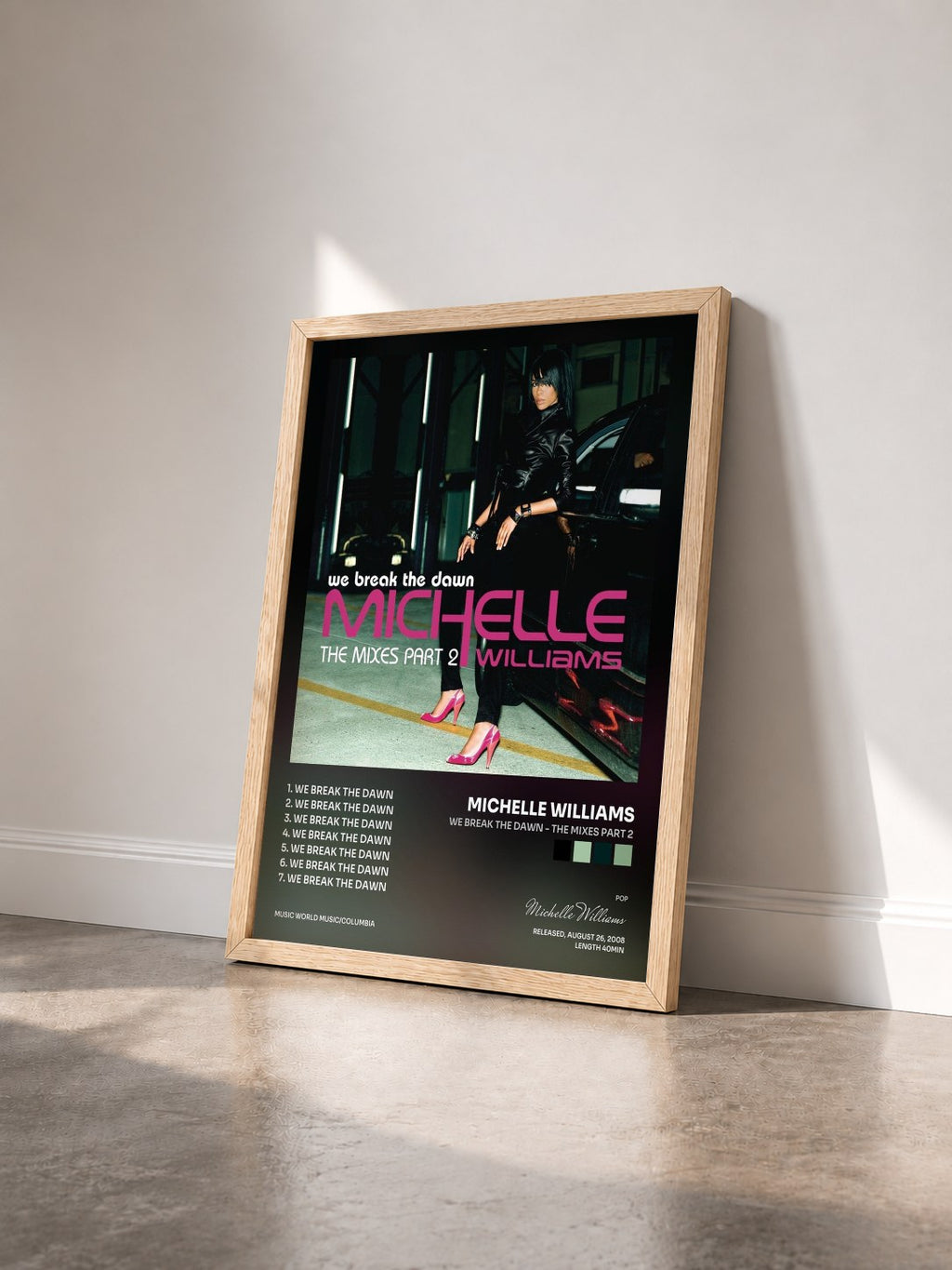 #bois Tableau de l'album We Break The Dawn - The Mixes Part 2 de Michelle Williams vu de trois quarts, cadre en bois brut
