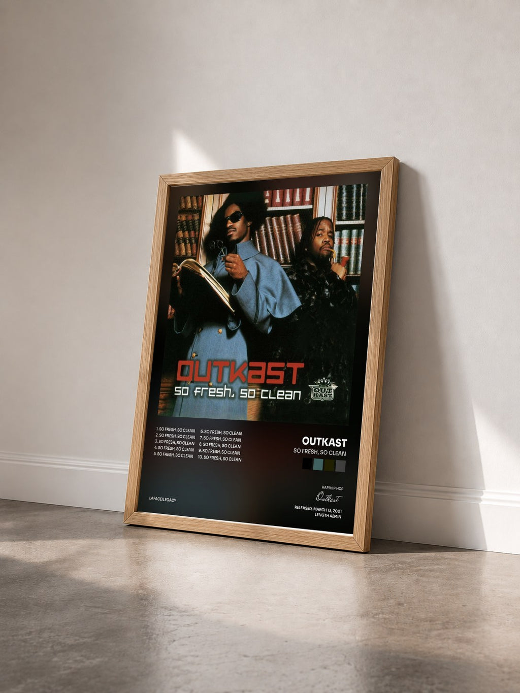 #bois Tableau de l'album So Fresh, So Clean de Outkast vu de trois quarts, cadre en bois brut
