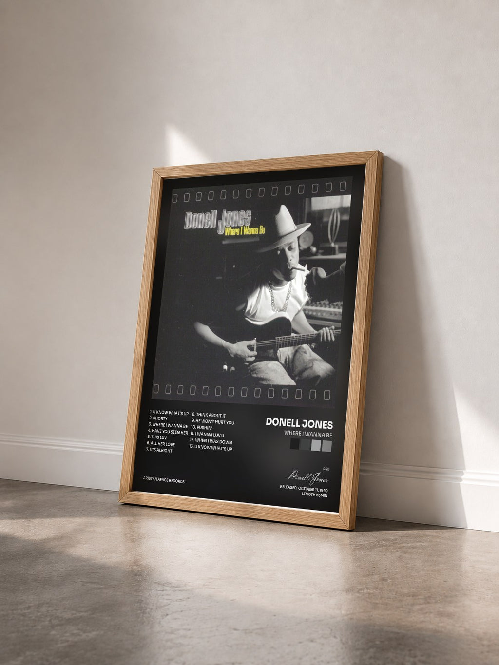 #bois Tableau de l'album Where I Wanna Be de Donell Jones vu de trois quarts, cadre en bois brut