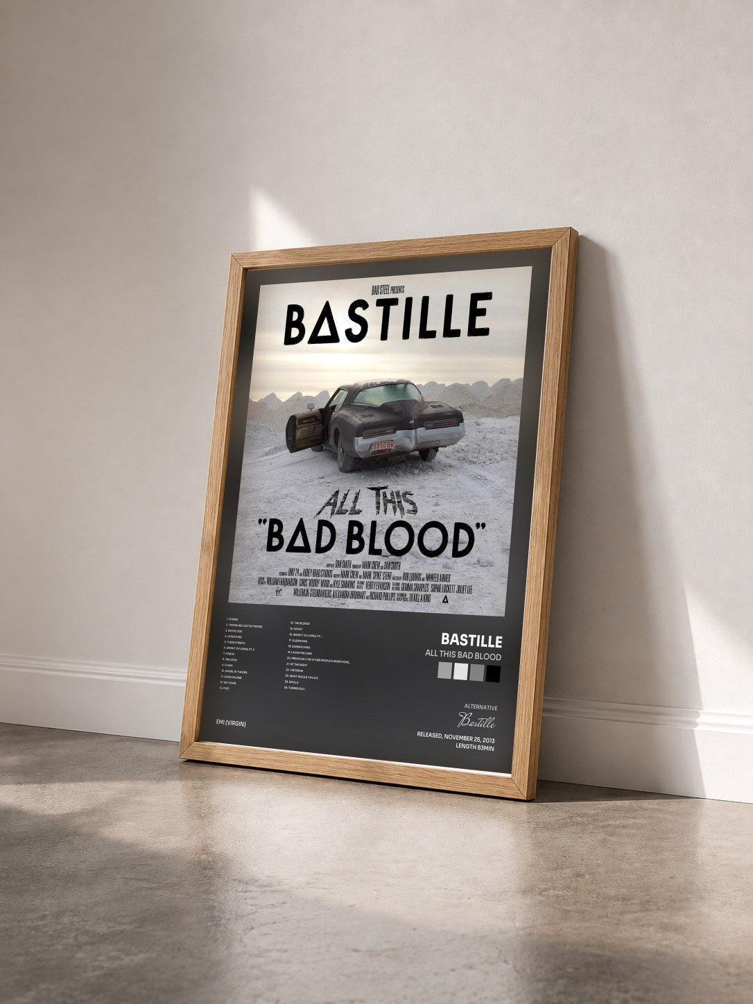 #bois Tableau de l'album All This Bad Blood de Bastille vu de trois quarts, cadre en bois brut