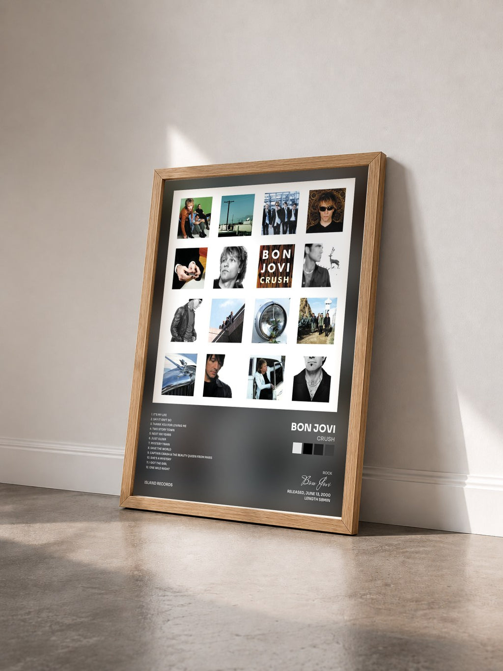 #bois Tableau de l'album Crush de Bon Jovi vu de trois quarts, cadre en bois brut