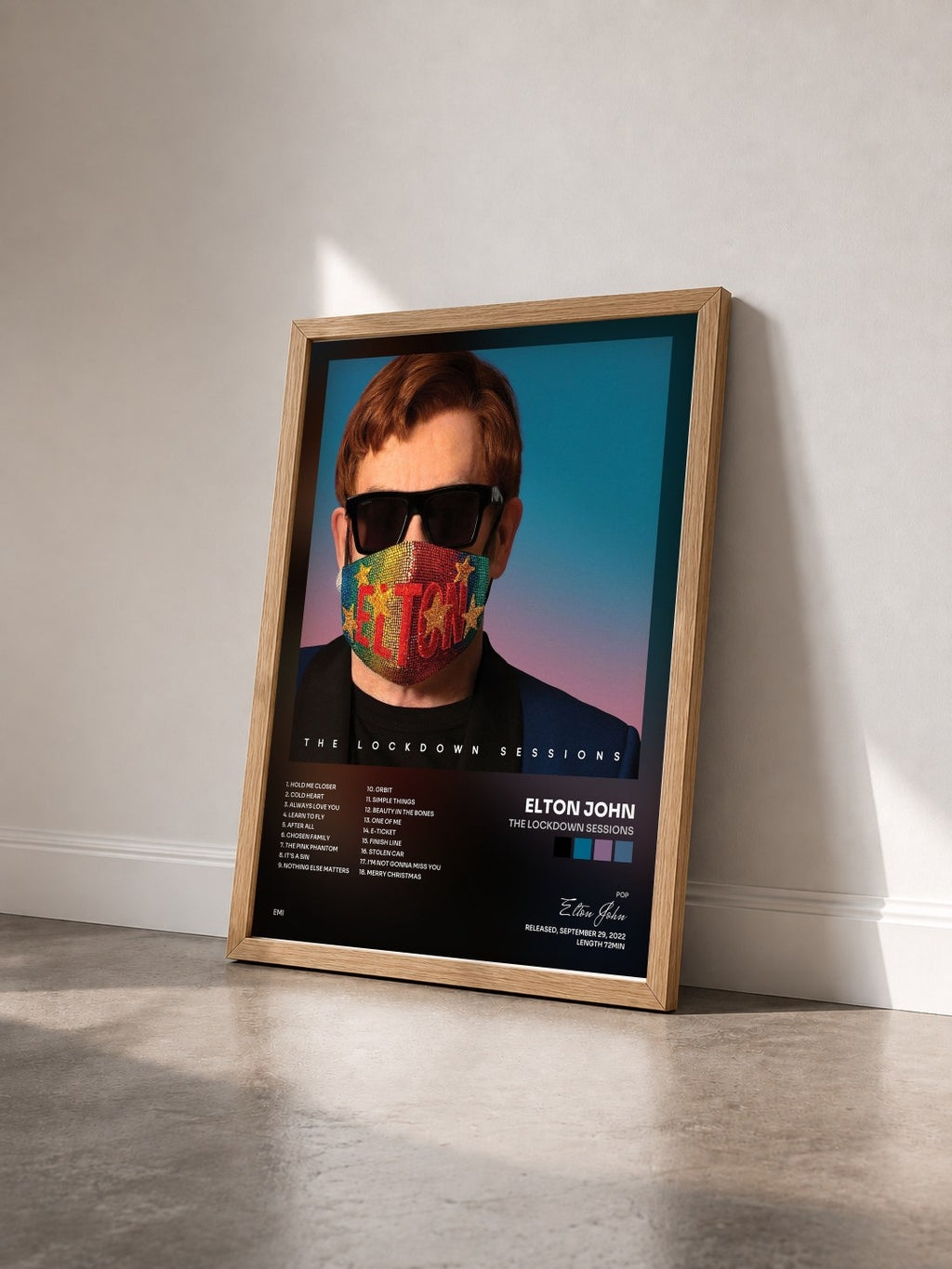 #bois Tableau de l'album The Lockdown Sessions de Elton John vu de trois quarts, cadre en bois brut