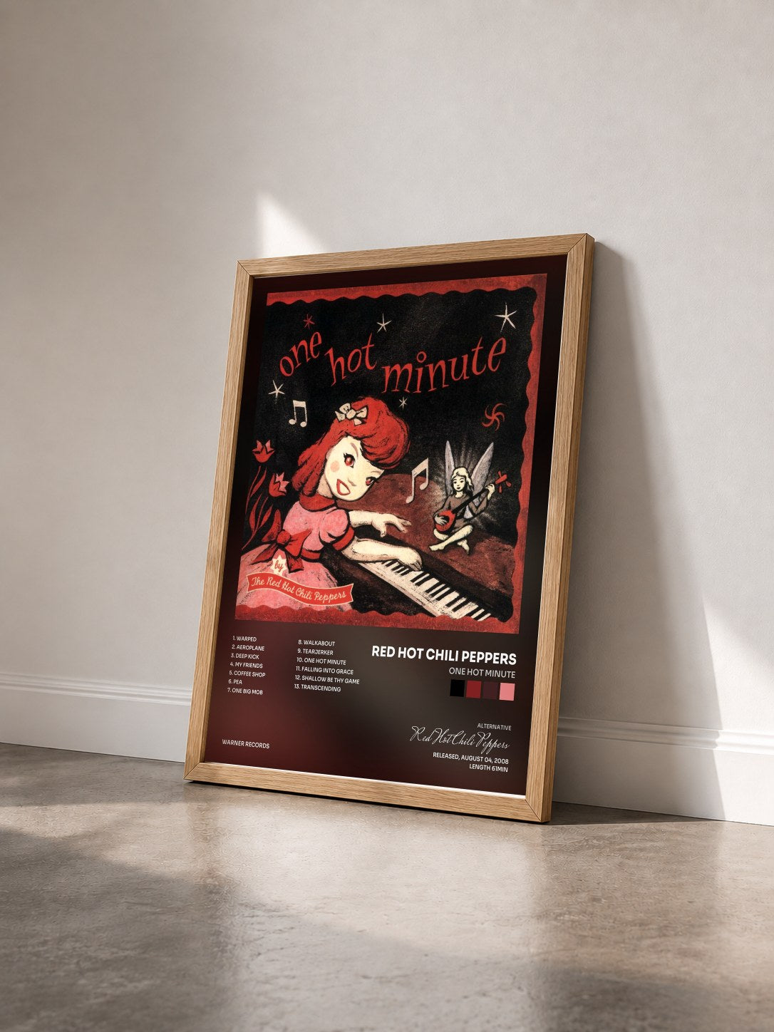 #bois Tableau de l'album One Hot Minute de Red Hot Chili Peppers vu de trois quarts, cadre en bois brut