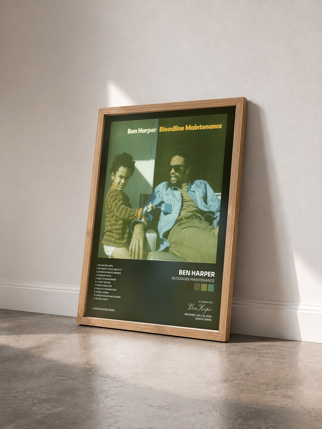 #bois Tableau de l'album Bloodline Maintenance de Ben Harper vu de trois quarts, cadre en bois brut