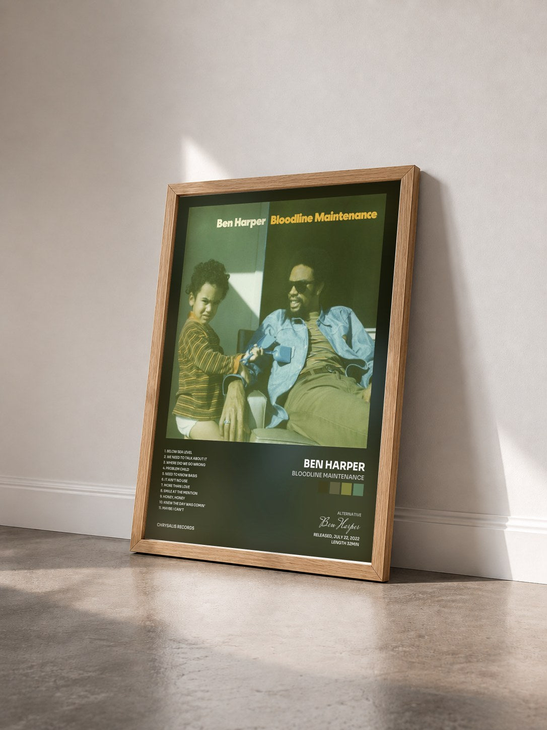 #bois Tableau de l'album Bloodline Maintenance de Ben Harper vu de trois quarts, cadre en bois brut